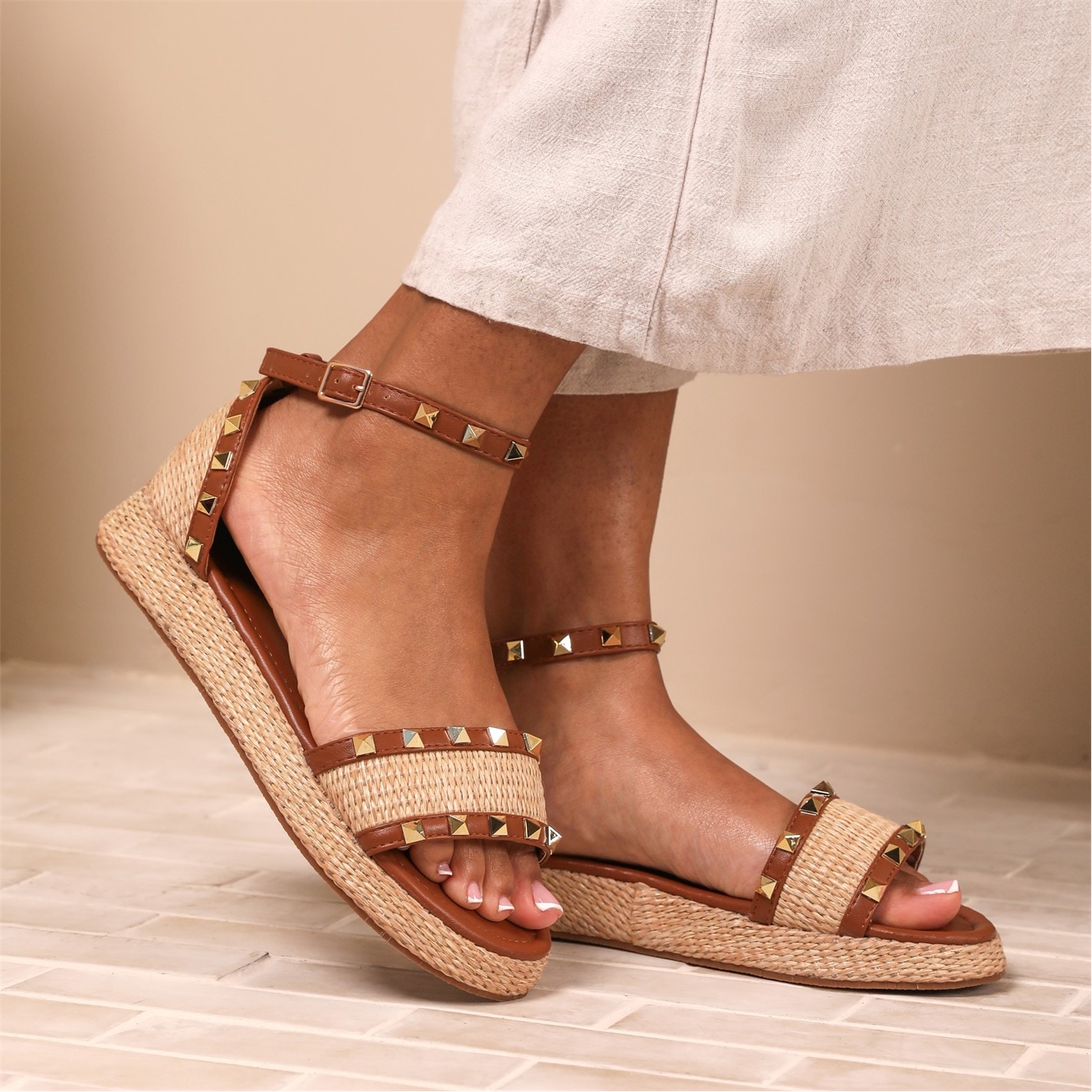 Wheres That From Tan 9743641 Tan PU Aviva Studded Gladiator E - 5