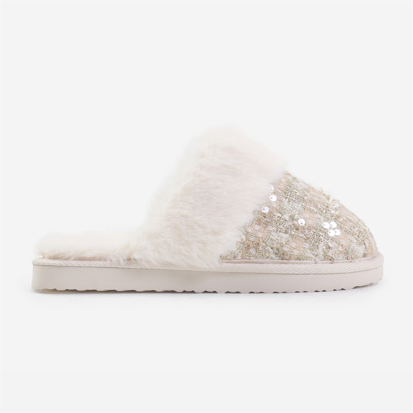 Where’s That From Cozy Slip On Sequin Slippers With Fur Trim In Beig - 3