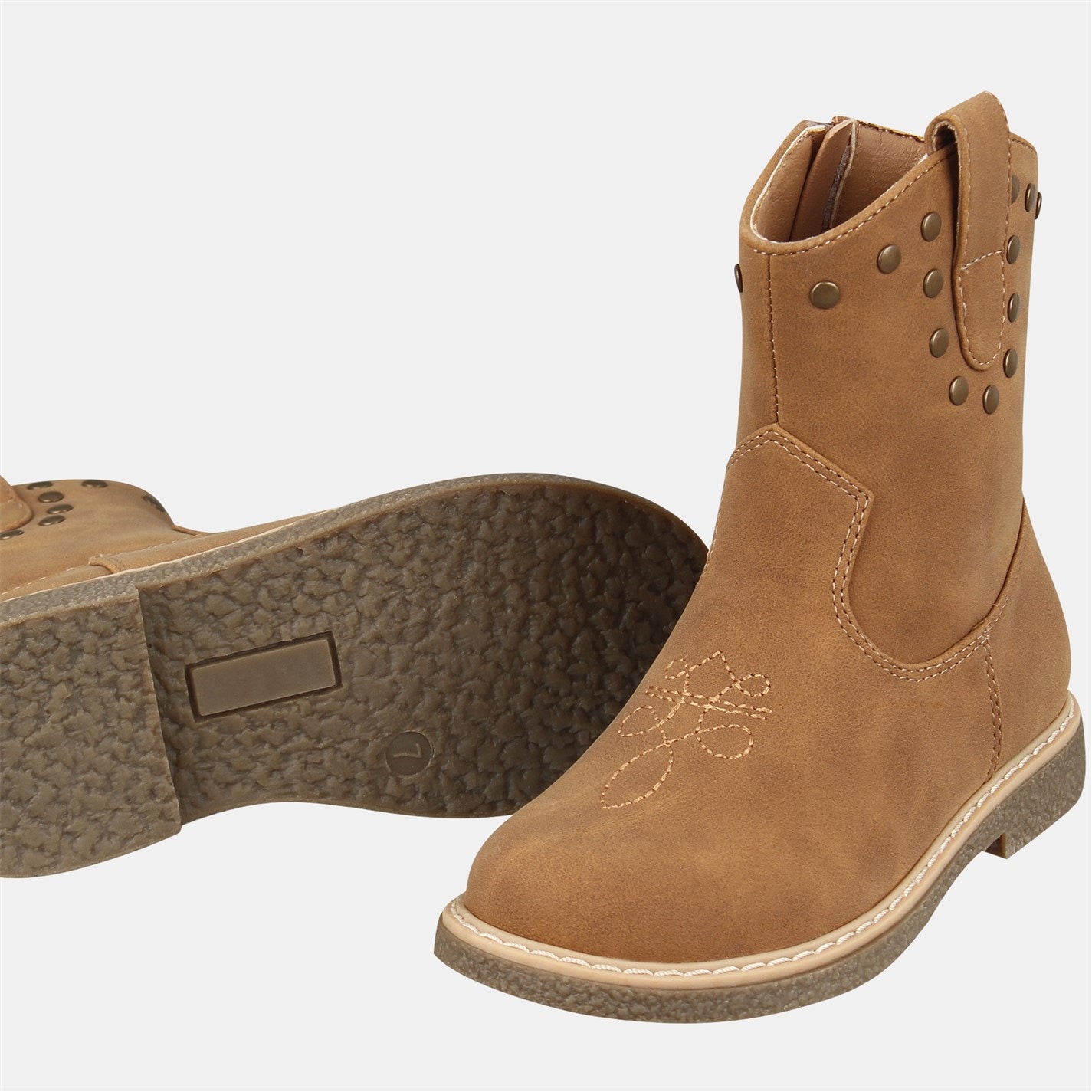 Miso Tan 8989999 Kids' Jolene Cowboy-Inspired Side Zip Flat Ankle Boots - 3