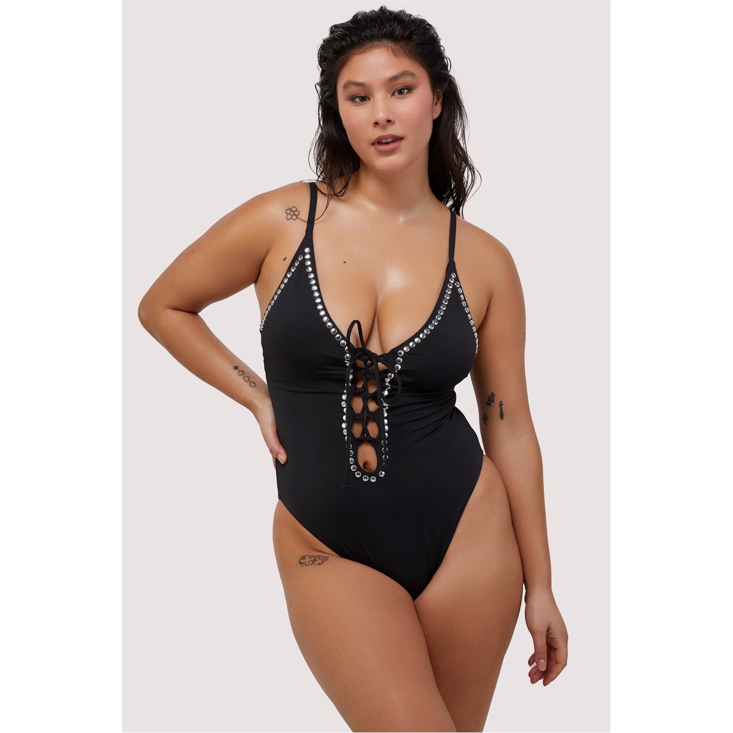 Wolf and Whistle Fuller Bust Black Eco Studded Lace-Up Swimsuit - 4