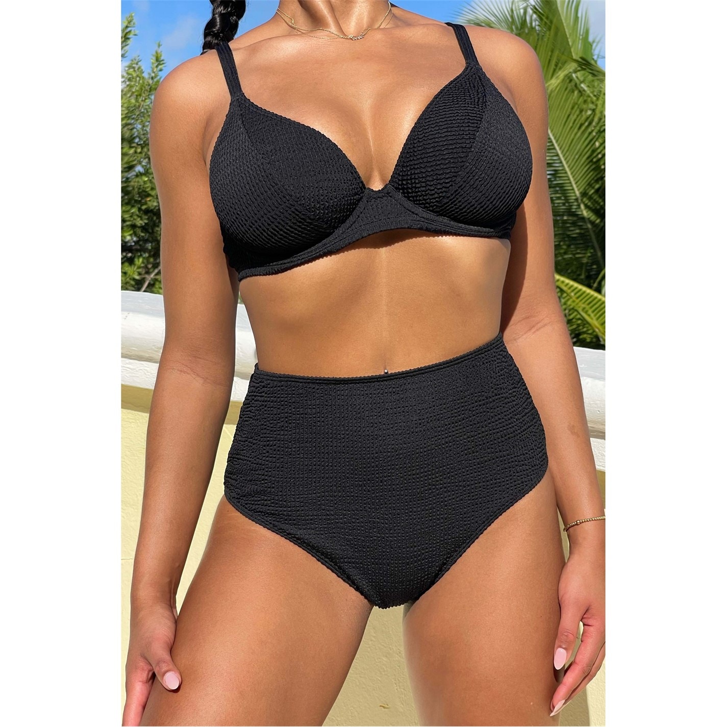 Wolf and Whistle Black Textured Wired Plunge Bikini Top - 8
