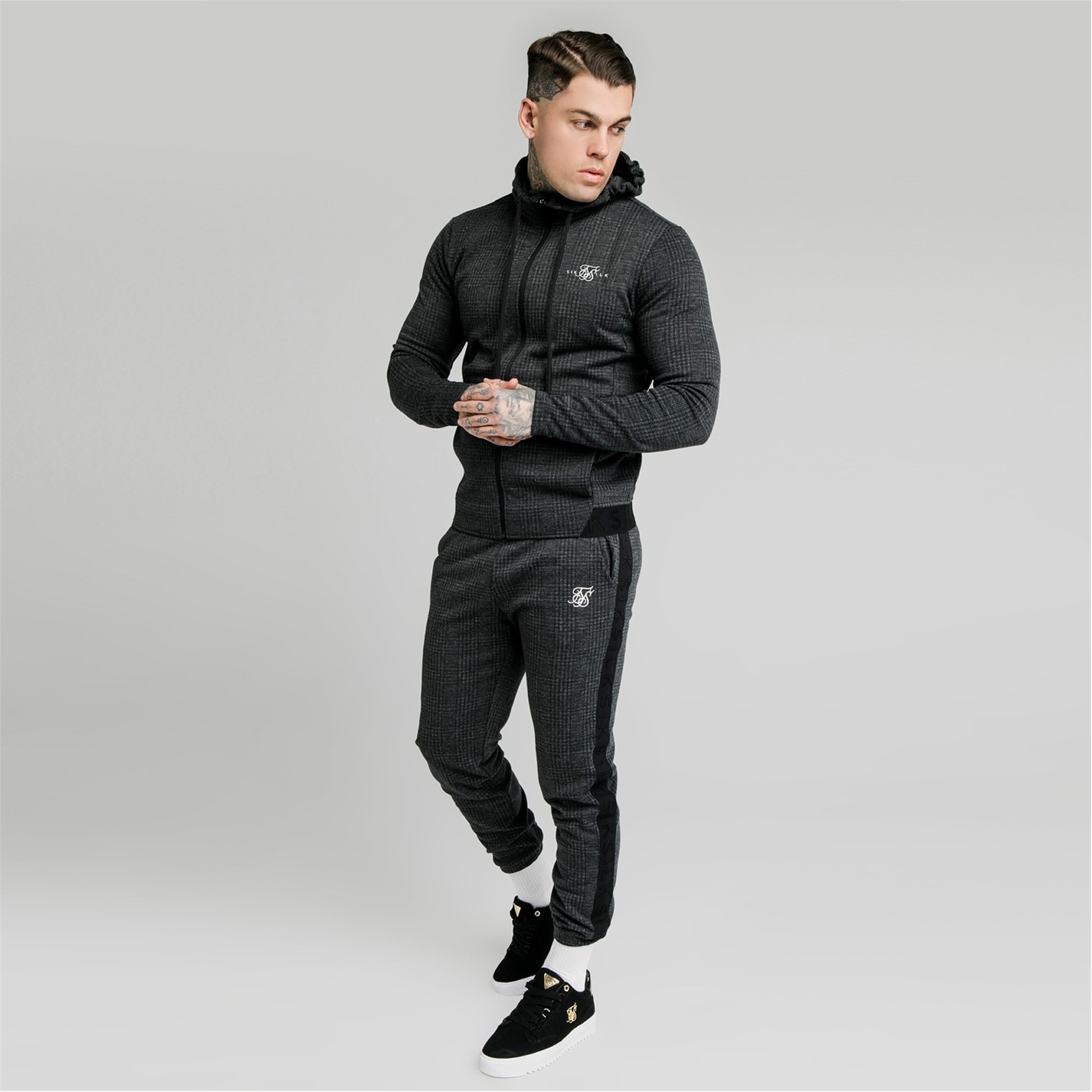 Tepláky SikSilk Grey 7524505 Men's Tonal Check Closed Hem Fleece Joggers - 2