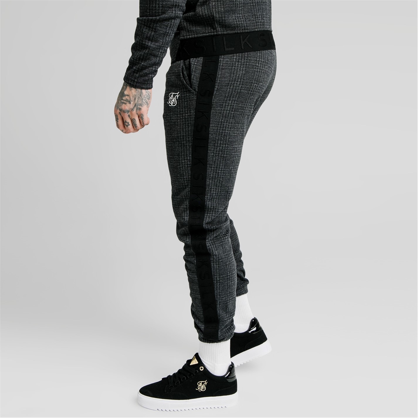 Tepláky SikSilk Grey 7524505 Men's Tonal Check Closed Hem Fleece Joggers - 4
