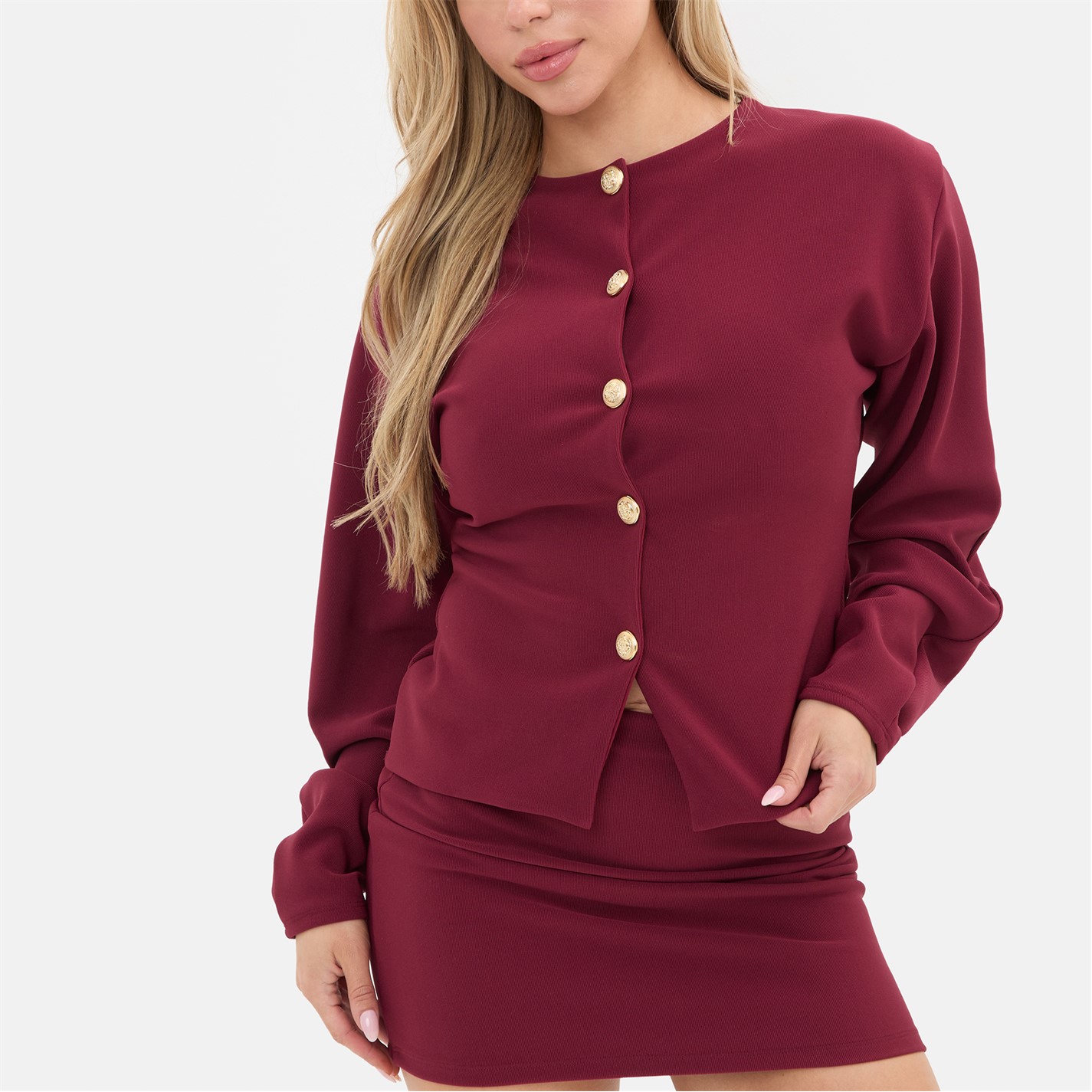 I Saw It First Burgundy 2177786 Statement Button Ribbed Cardigan - 2