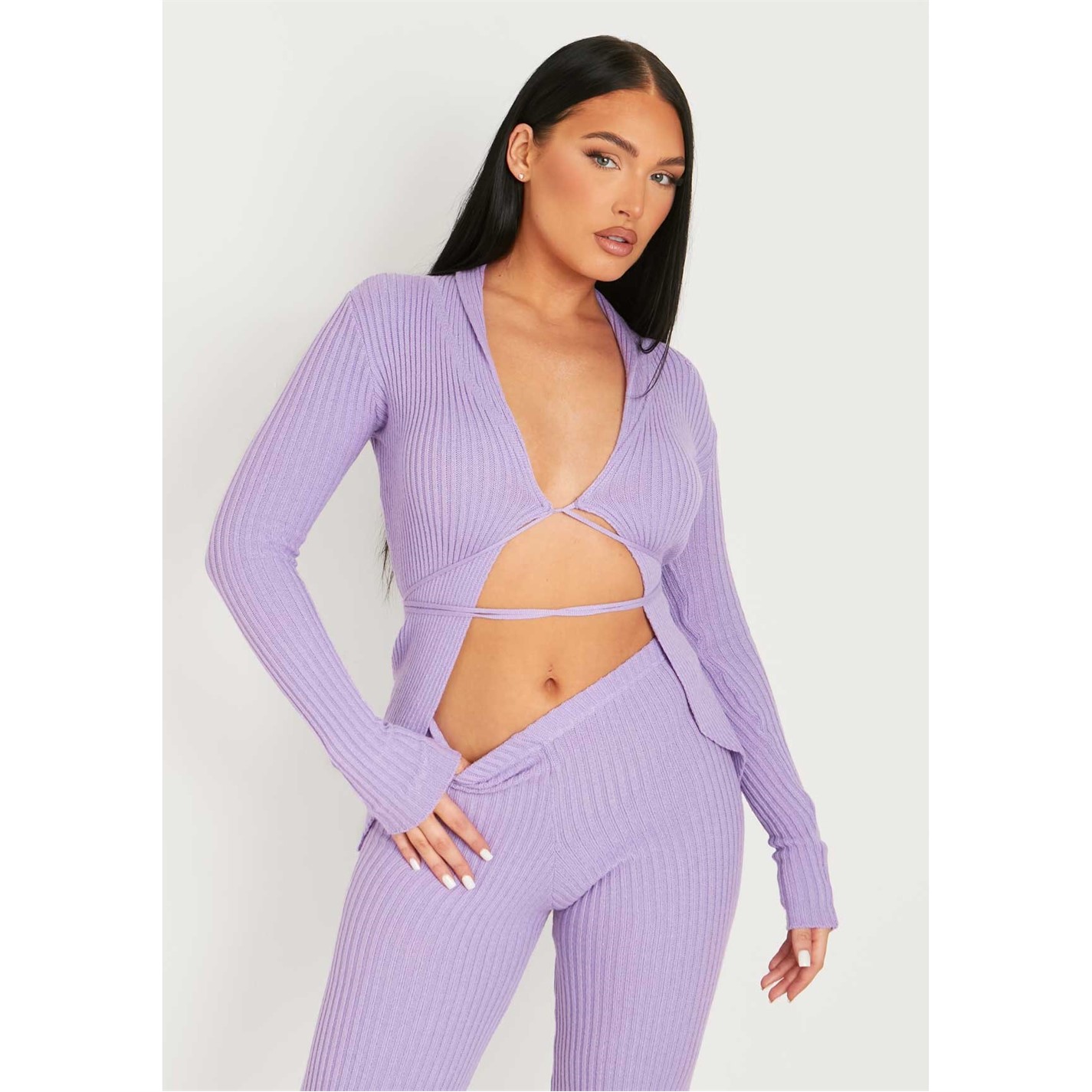 Missy Empire Purple 8049170 Ribbed Knitted Tie Cardigan - 1