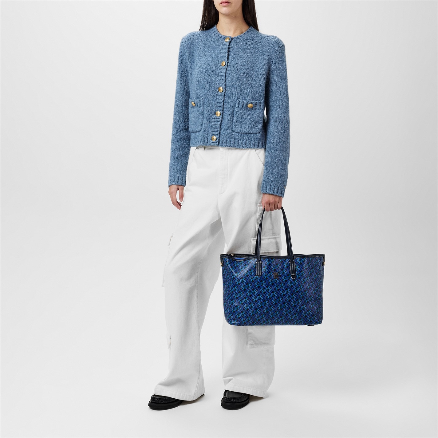 Tommy Hilfiger Flint Blue 300727 Women's Textured Gold Button Cardigan - 4