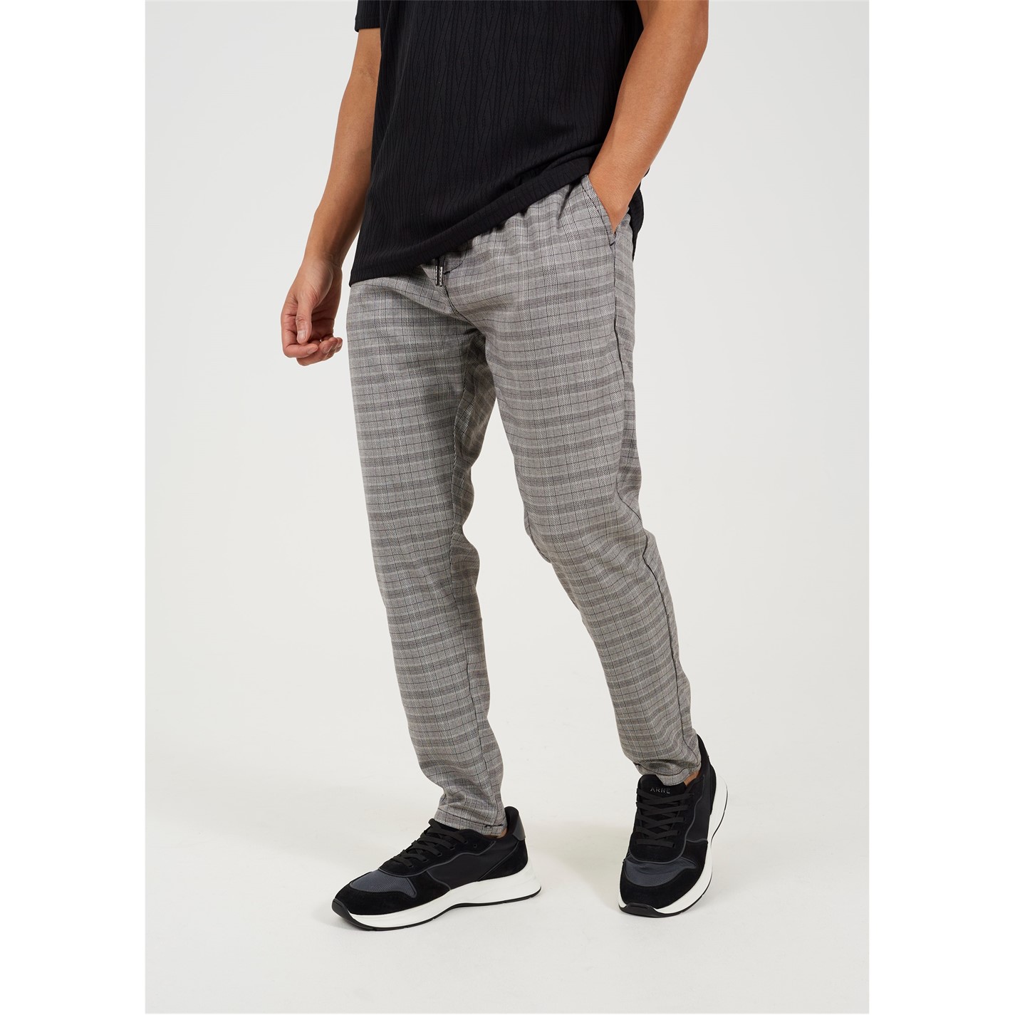 Kalhoty Brave Soul Grey Check 7280787 Mens Check Pants with Drawcord Waist - 2