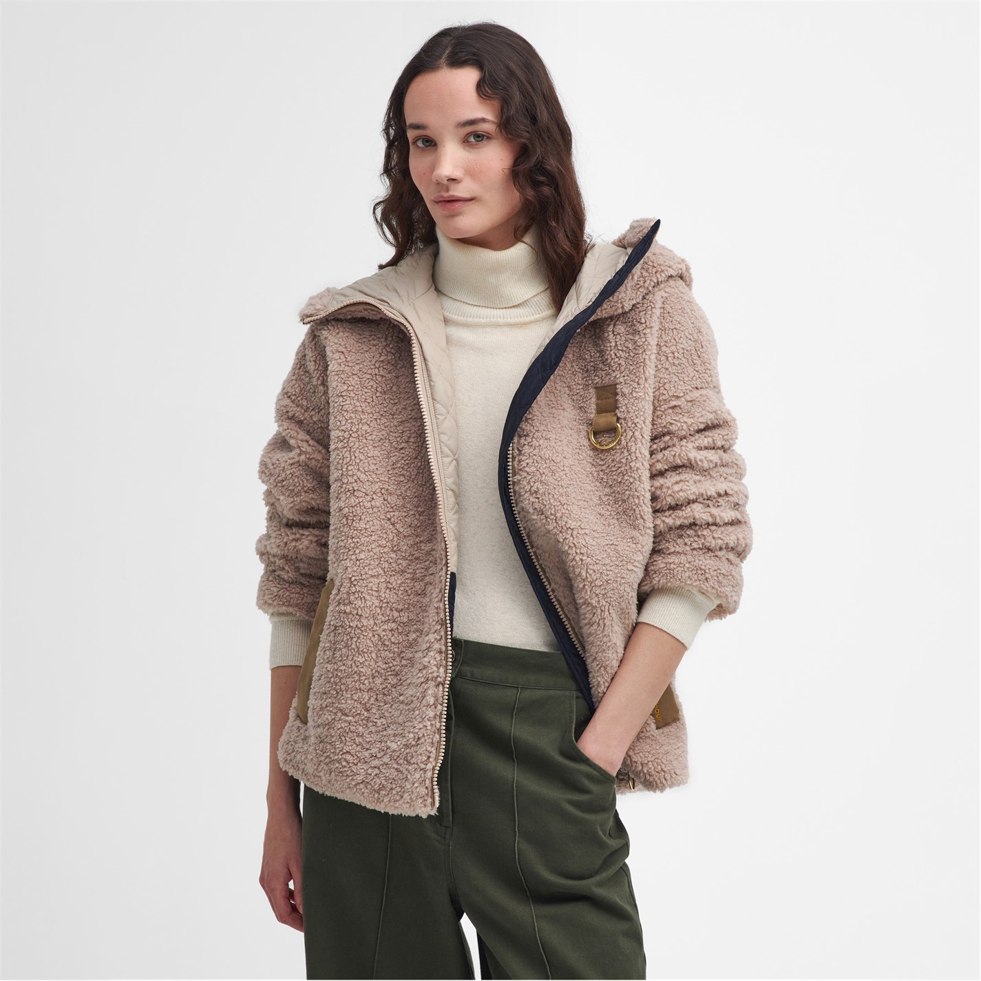 Dámska bunda Barbour Natural 2385296 Women's Amber Hooded Long Sleeve Full Zip Teddy Coat - 2