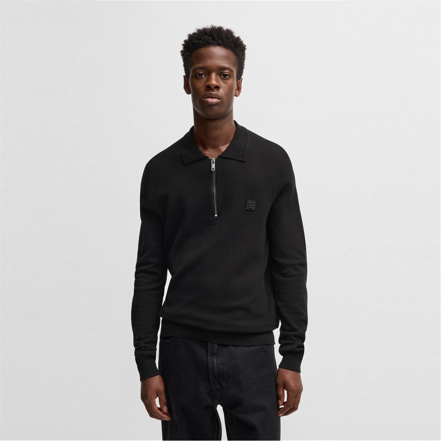 Tričko HUGO Black 001 959658 Mens HUGO Sastone Long Sleeve Knit Polo Shirt - Slim Fit - 1