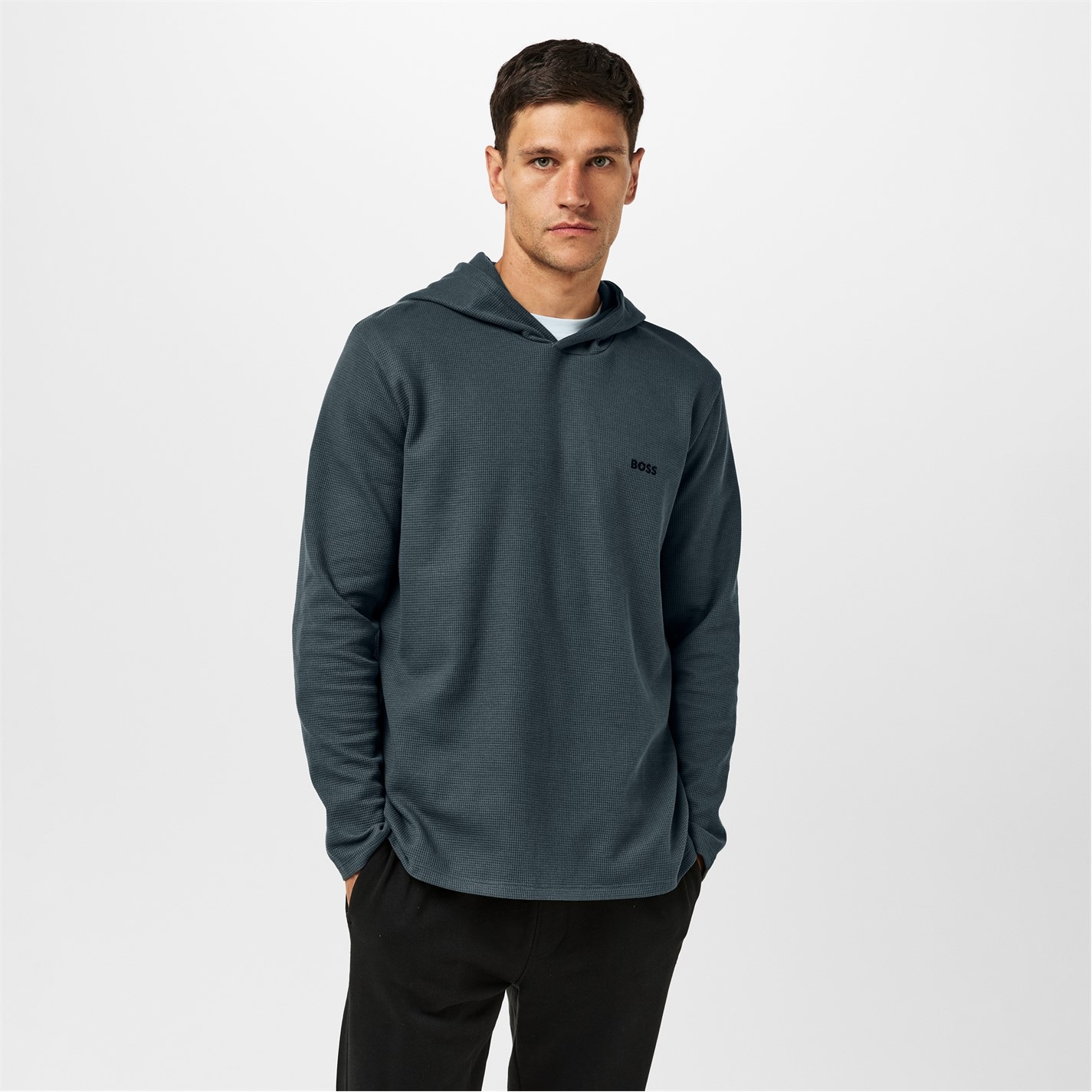Mikina Boss Open Green 345 1402375 Mens BOSS Bodywear Waffle Loungewear Hoodie with Logo Detail - 3