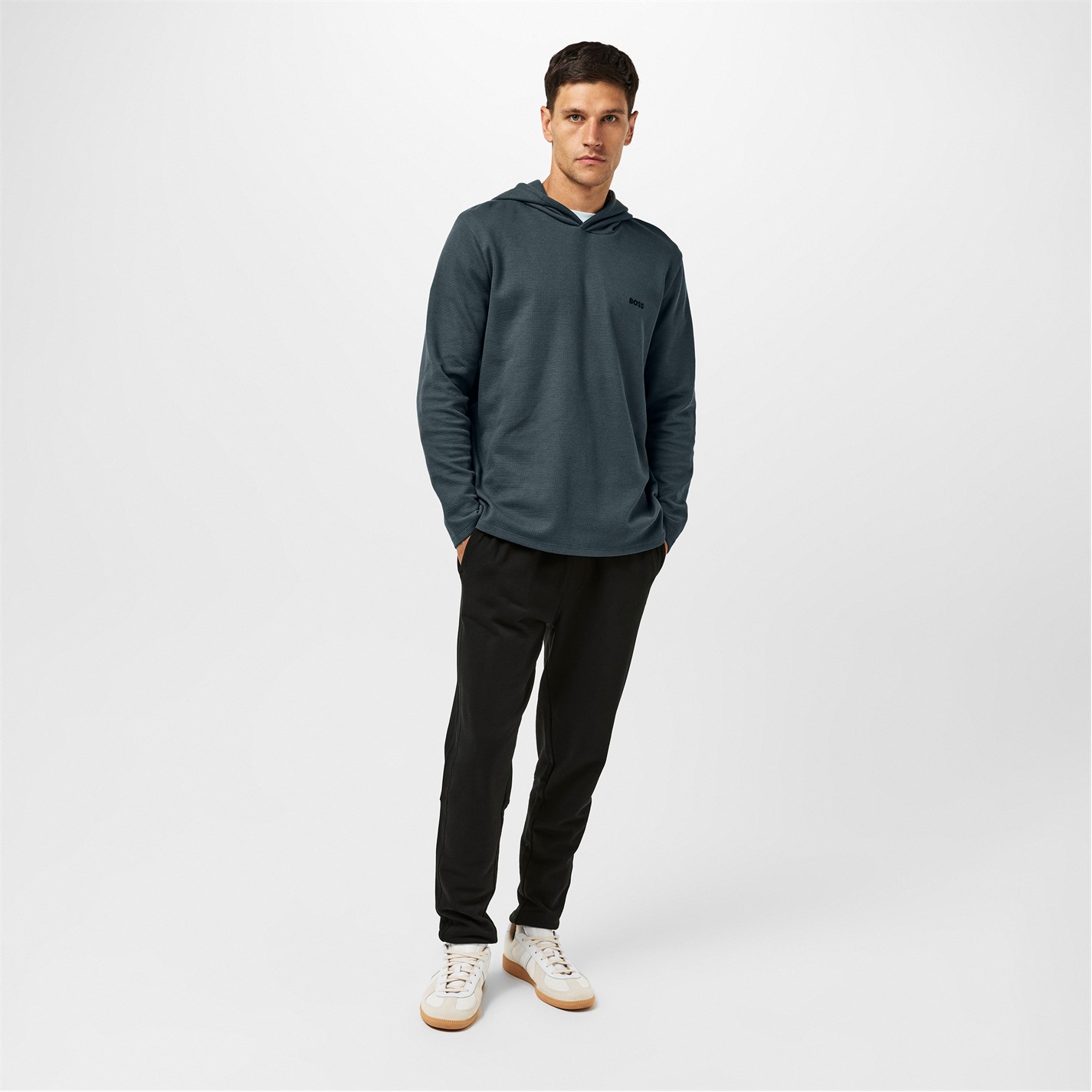 Mikina Boss Open Green 345 1402375 Mens BOSS Bodywear Waffle Loungewear Hoodie with Logo Detail - 6