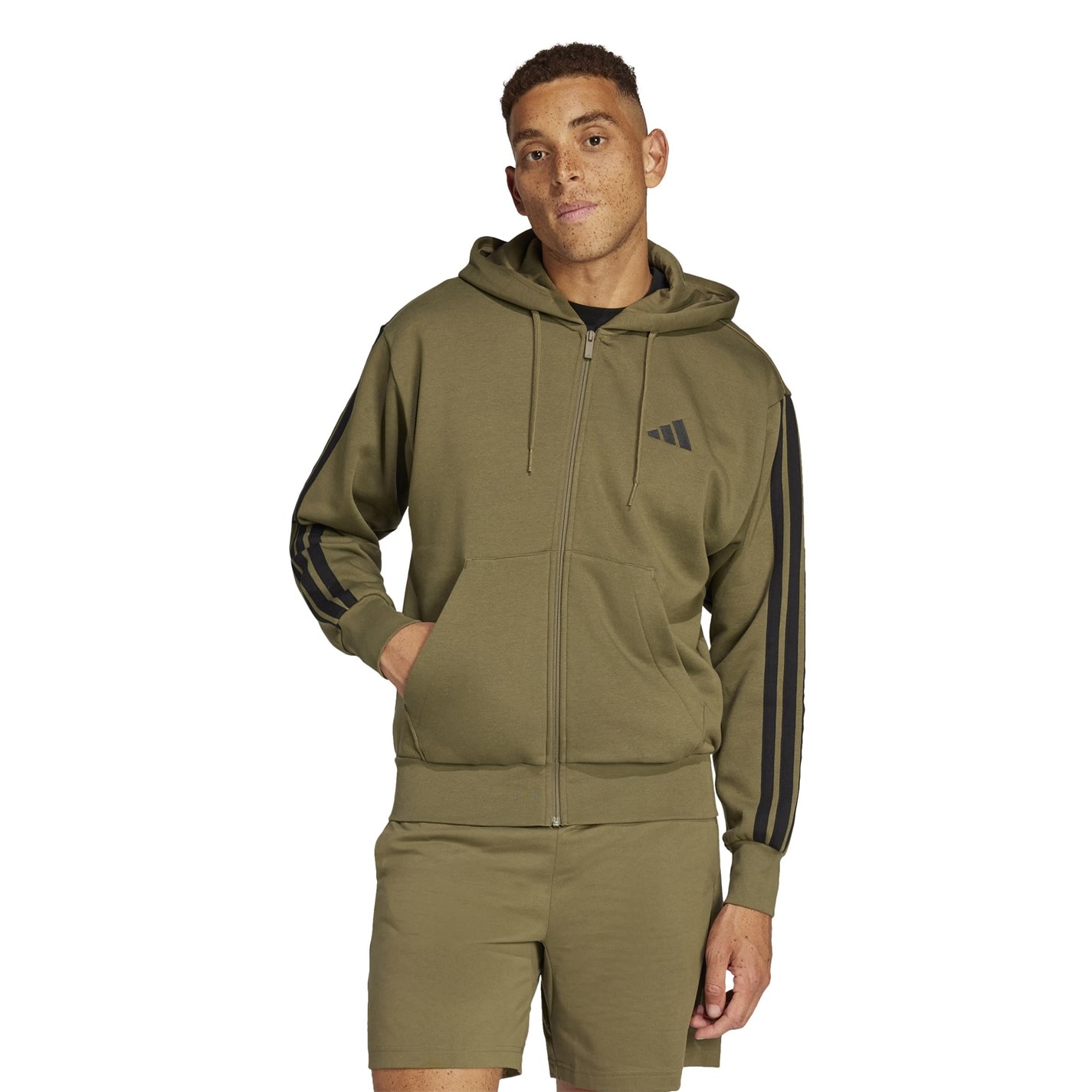 Mikina adidas Olive Strata 6381273 Essentials Fleece 3-Stripes Full-Zip Hoodie Mens - 2