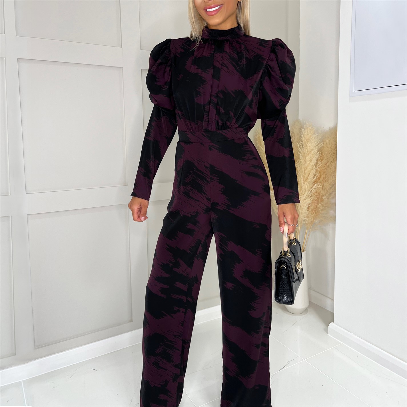AX Paris Wine Printed High Neck Puff Sleeve Jumpsuit - 3
