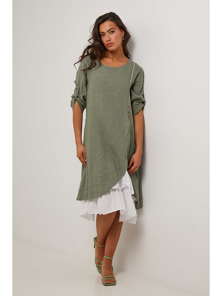 Šaty Le Monde du Lin Khaki/ Weiß 3138834 Leinen-Kleid in Khaki/ Weiß - 1