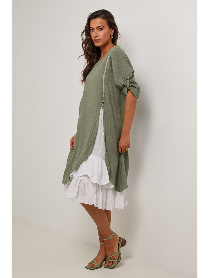 Šaty Le Monde du Lin Khaki/ Weiß 3138834 Leinen-Kleid in Khaki/ Weiß - 3